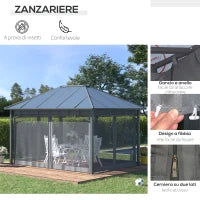 Gazebo da Giardino 4x3m con Zanzariere e Tetto in Policarbonato, Grigio