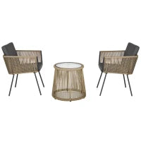 Set 2 Poltroncine con Tavolino da Esterno in Rattan PE Stile Boho, Cachi e Grigio