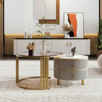 Tavolino 2-in-1 in MDF con Piano Lucido e Piano in Vetro Temperato Marrone, Combinazione Tavolino Soggiorno con 2 Cassetti, 70x70x45 + 50x50x40 cm, Grigio