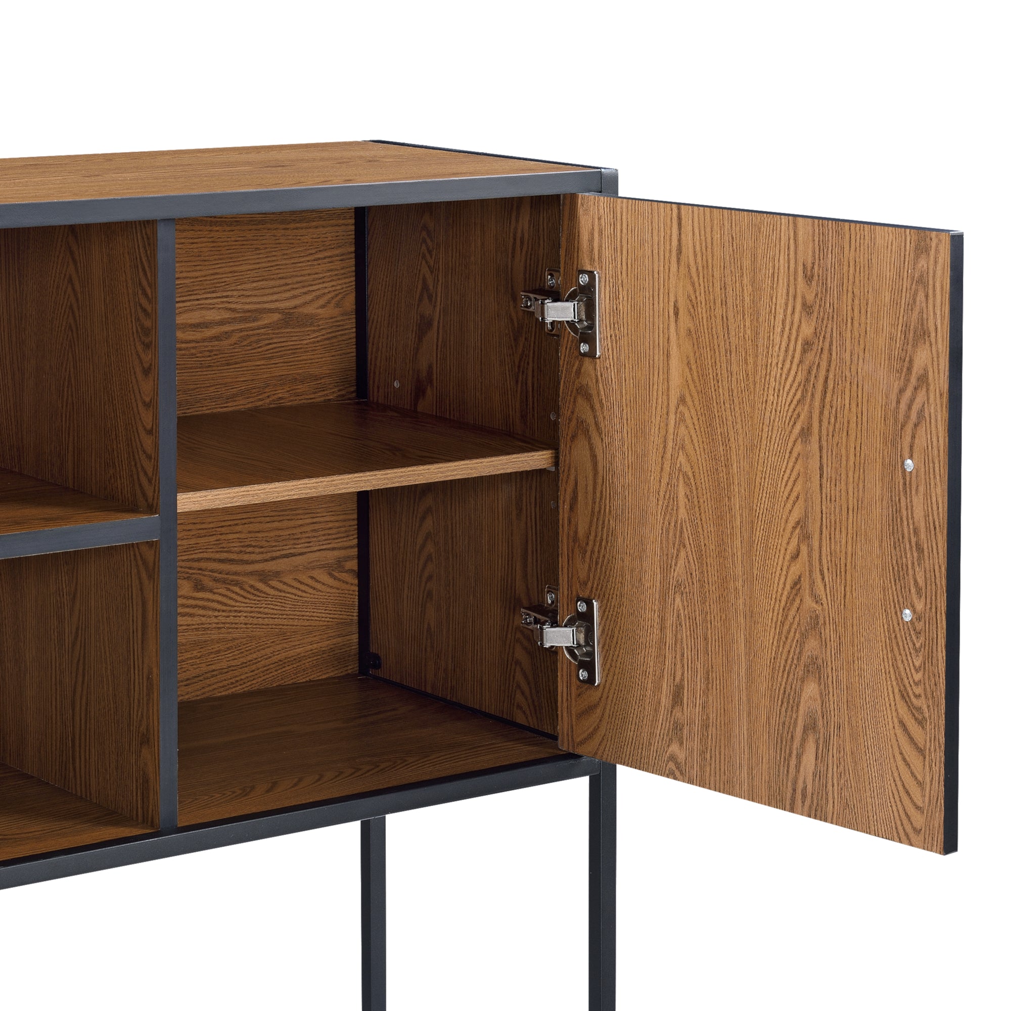 Comò con 2 Ante e 2 Scomparti Aperti, Consolle 90x108,5x30 cm con Telaio Nero in Metallo, Mobiletto Multiuso per