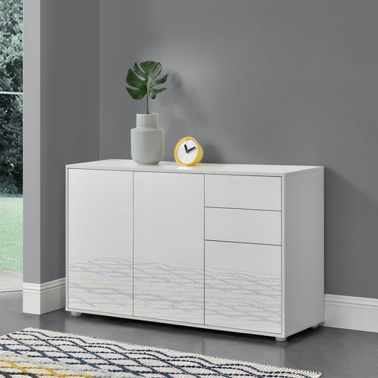 Credenza Paarl Comò con 2 Cassetti e 3 Ante per Soggiorno Camera da Letto - Bianco Lucido [en.casa]