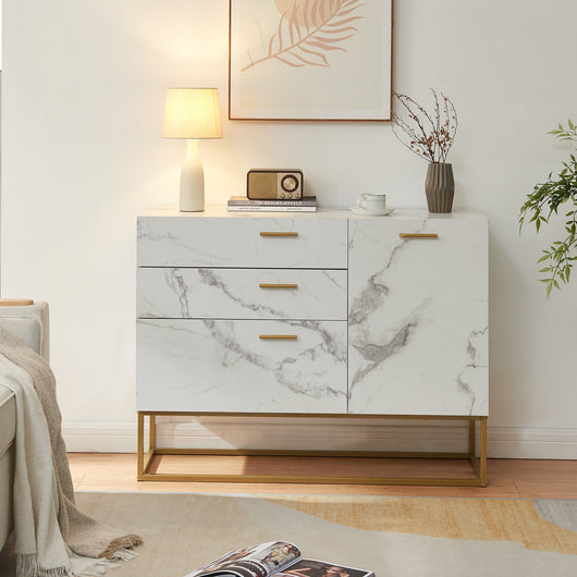 Comò Lavangen con Anta e 3 Cassetti 75 x 100 x 35 cm Dorato / Effetto Marmo Bianco [en.casa]