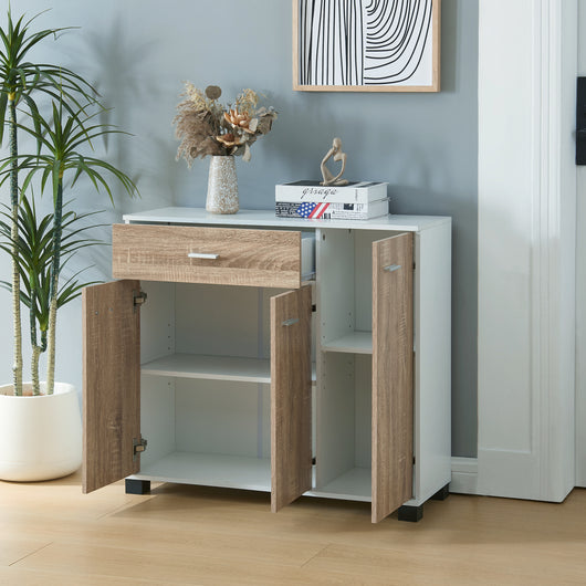 Comò Stretto Bobeck con Ante e Cassetto - Bianco / Effetto Rovere [en.casa]