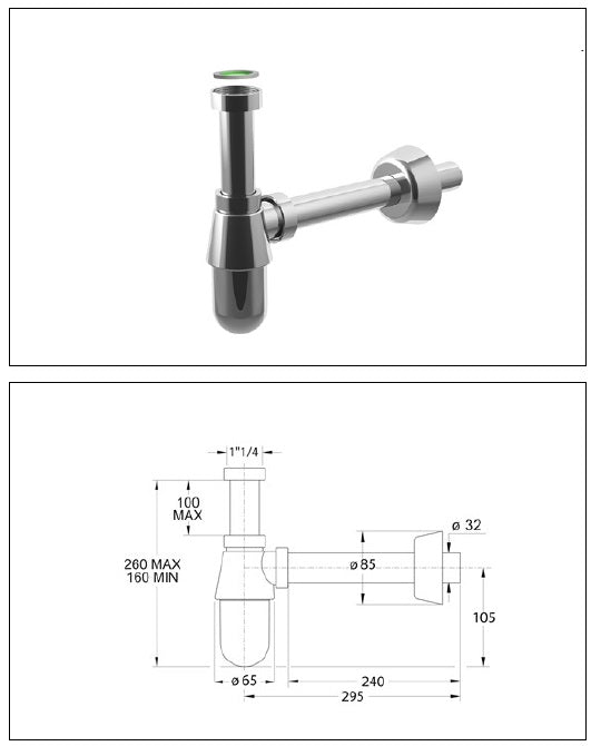 Sifone a bottiglia Thermotrap 1 1/4"x32 per lavabo in pvc Bonomini
