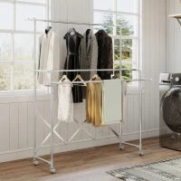 Stendibiancheria Pieghevole con 3 Barre Regolabili, Ruote Girevoli e Struttura in Acciaio Inox, Argento