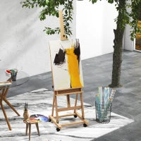 Cavalletto per Artisti su Ruote, Pieghevole, per Tele da Pittura fino a 118 cm, in Legno di Faggio, Legno Naturale