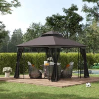Gazebo da Giardino 3x3m con Zanzariera e Tetto a 2 Livelli, Mensole Laterali e Ganci, Caffè