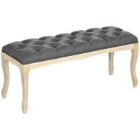 Panca Imbottita in Stile Classico, 110 cm, con Base in Legno di Caucciù Intagliato, Rivestimento in Lino, Grigio