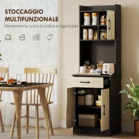 Mobile Dispensa in Legno con Cassetto, 2 Ripiani Aperti e Armadietti, 60x40x180 cm, Nero e color Legno