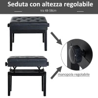 Sgabello per Pianoforte Trapuntato con Vano Contenitore, in Legno e Pelle PU, 54.5x33x48-58 cm, Nero