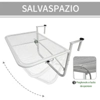 Tavolo da Ringhiera con Ganci ad Altezza Regolabile su 3 Livelli, in Metallo, 60x56.5x45 cm, Bianco