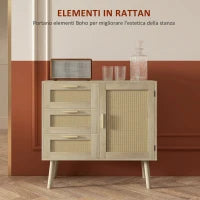 Mobile Multiuso Stile Boho con Armadietto e 3 Cassetti in Legno e Rattan, 80x36x75cm, Rovere