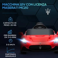 Macchina per Bambini Maserati MC20, Guida Manuale, Telecomando e Fari LED, Età 3-6 Anni, Rosso