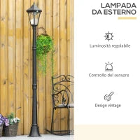 Lampione Solare da Giardino con Luce LED e Sensore di Movimento, Alluminio e Vetro, 22x22x196 cm, Nero