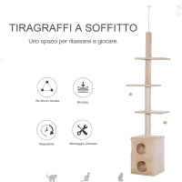 Tiragraffi a Soffitto Multilivello 220-245cm Palestra per Gatti con Cucce, Piattaforme e Corde in Juta, Giallo