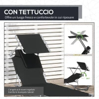 Lettino Prendisole da Giardino Pieghevole e Regolabile con Tettuccio in Tessuto Nero, 187x58x50 cm