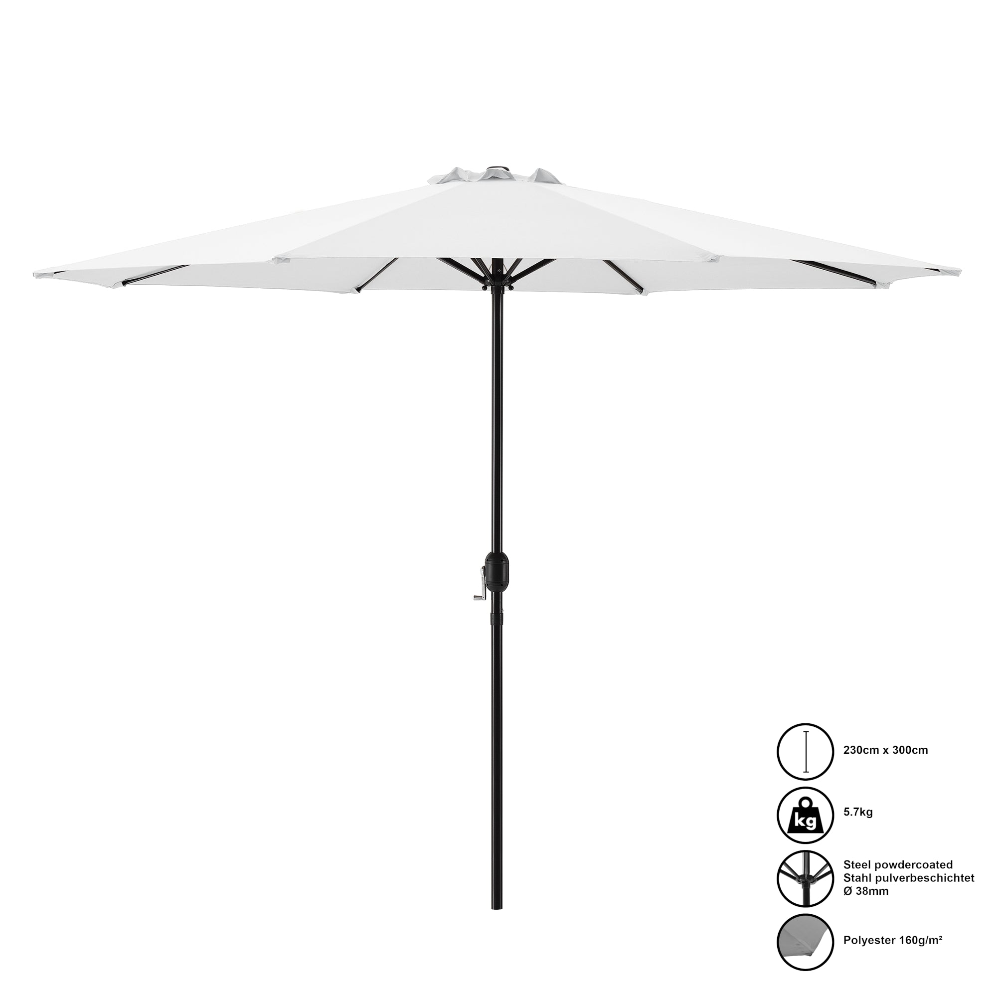Ombrellone da Giardino Budapest con Palo Centrale e Meccanismo a Manovella 230 x Ø300 cm Bianco casa.pro