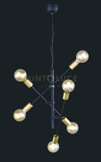 CROSS SOSPENSIONE 3 BRACCIA ORIENTABILI 6 LUCI NERO OPACO E ORO D. 54,5CM ATTACCO E27