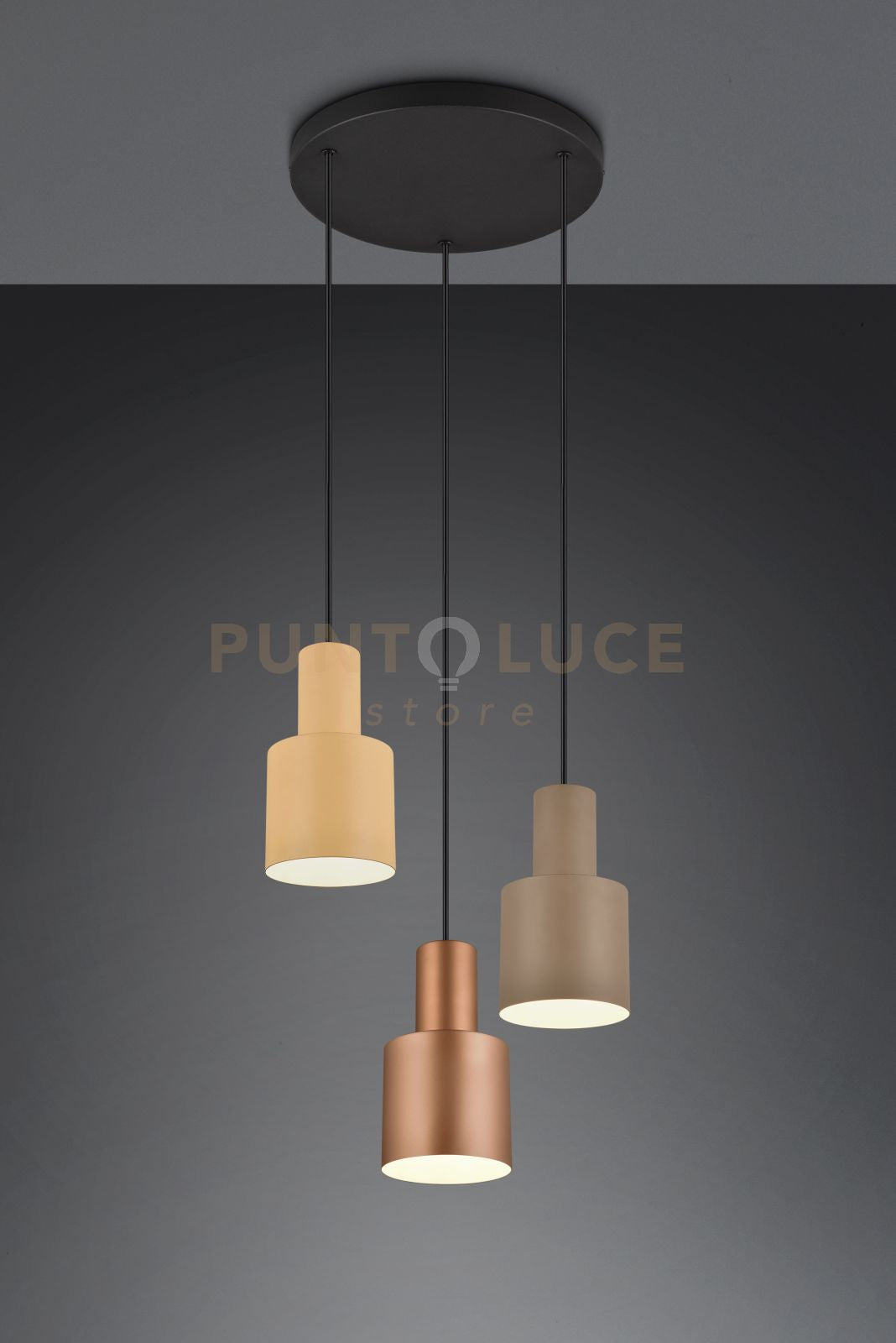 AGUDO SOSPENSIONE 3 DIFFUSORI METALLO MULTICOLOR D. 37CM H.150CM ATTACCO E27