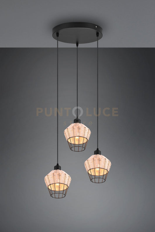 BORKA SOSPENSIONE 3 DIFFUSORI IN RATTAN COLORE NATURALE D. 41CM 3 LUCI ATTACCO E27