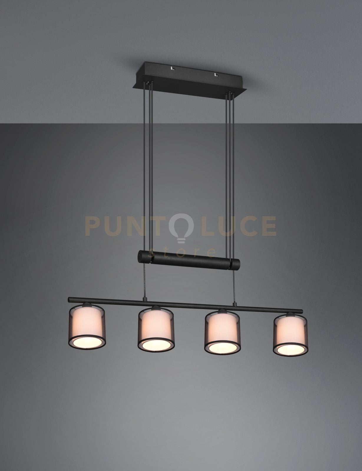 BURTON SOSPENSIONE METALLO NERO 4 PARALUMI BIANCHI E DIFFUSORI ESTERNI TRAFORATI NERI CON SISTEMA DI REGOLAZIONE ALTEZZA A BILANCERE L. 82,5CM ATTACCO E14