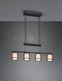 BURTON SOSPENSIONE METALLO NERO 4 PARALUMI BIANCHI E DIFFUSORI ESTERNI TRAFORATI NERI CON SISTEMA DI REGOLAZIONE ALTEZZA A BILANCERE L. 82,5CM ATTACCO E14