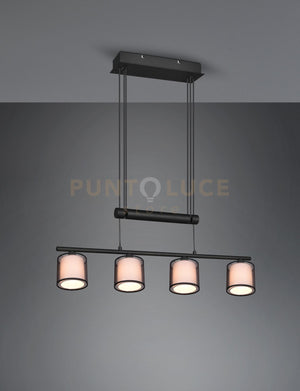 BURTON SOSPENSIONE METALLO NERO 4 PARALUMI BIANCHI E DIFFUSORI ESTERNI TRAFORATI NERI CON SISTEMA DI REGOLAZIONE ALTEZZA A BILANCERE L. 82,5CM ATTACCO E14