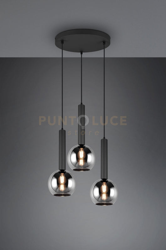 CLAYTON SOSPENSIONE METALLO NERO CON 3 VETRI FUME' CROMATO D. 45CM ATTACCO E27