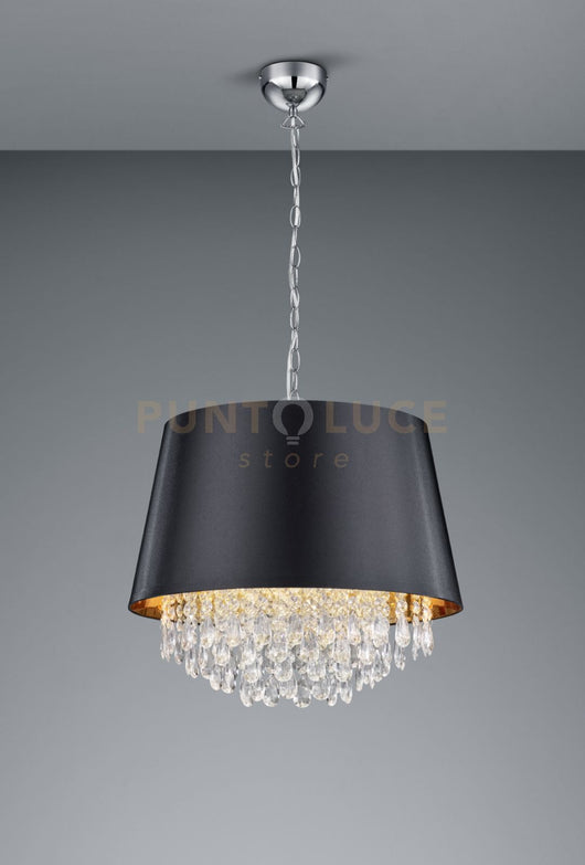 LORELEY SOSPENSIONE CROMATA PARALUME STOFFA NERO INTERNO ORO CON PENDAGLI TRASPARENTI D. 50CM 3 LUCI ATTACCO E14