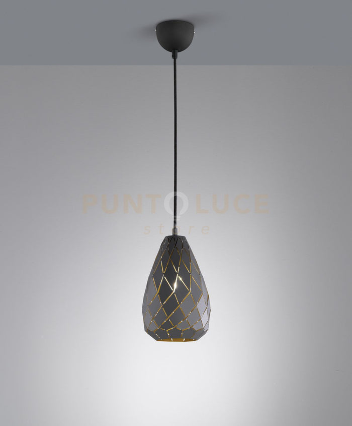 ONYX SOSPENSIONE METALLO NERO INTERNO ORO TAGLIO LASER A ROMBO D.15CM 1 LUCE ATTACCO E27