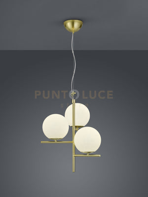 PURE SOSPENSIONE METALLO COLORE OTTONE OPACO CON 3 SFERE BIANCHE D. 40CM ATTACCO E14