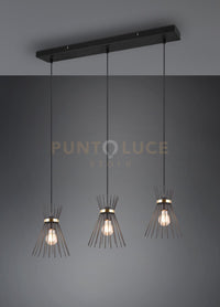 ROD SOSPENSIONE 3 DIFFUSORI BACCHETTE DI METALLO NERO E ORO L. 82CM 3 LUCI ATTACCO E27