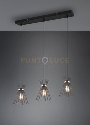 ROD SOSPENSIONE 3 DIFFUSORI BACCHETTE DI METALLO NERO E ORO L. 82CM 3 LUCI ATTACCO E27