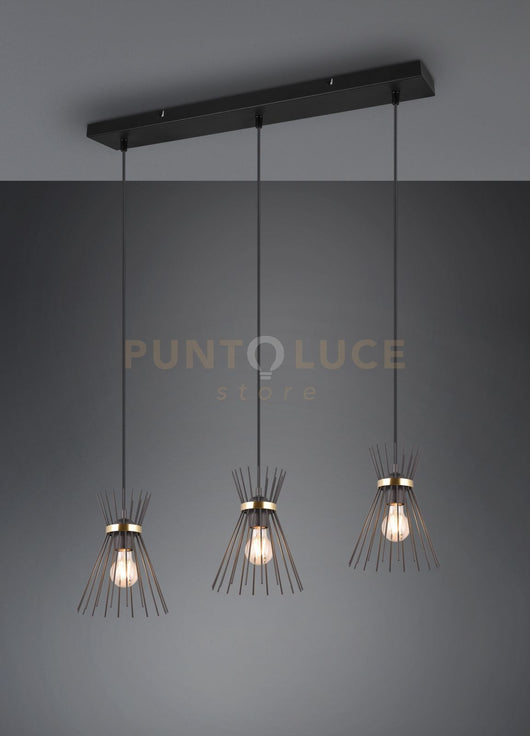 ROD SOSPENSIONE 3 DIFFUSORI BACCHETTE DI METALLO NERO E ORO L. 82CM 3 LUCI ATTACCO E27