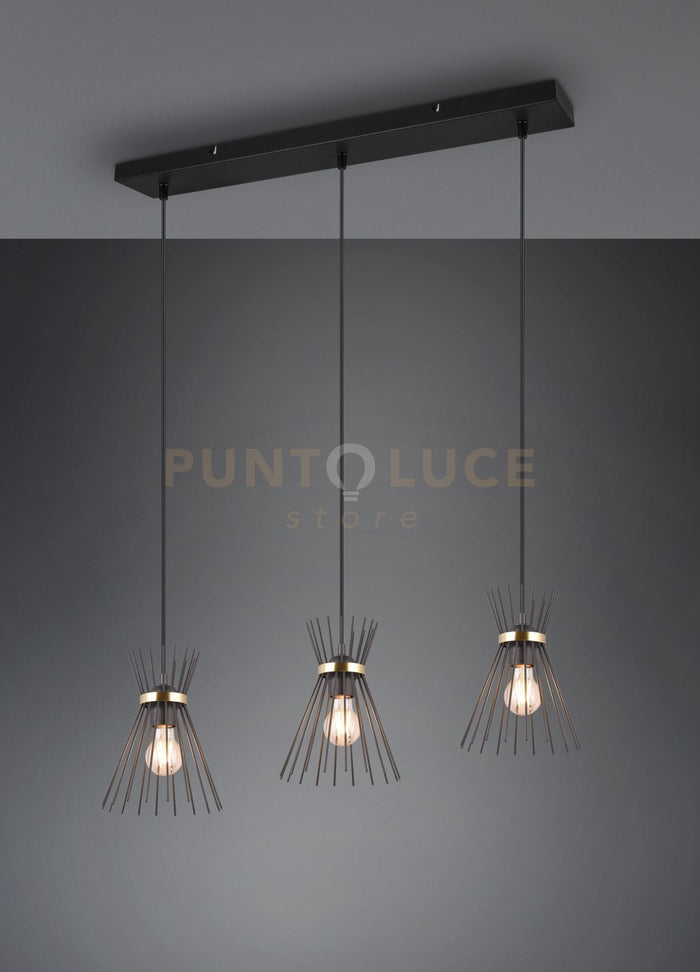 ROD SOSPENSIONE 3 DIFFUSORI BACCHETTE DI METALLO NERO E ORO L. 82CM 3 LUCI ATTACCO E27