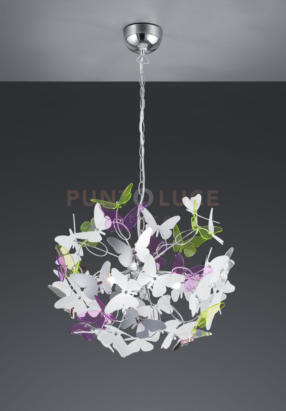 BUTTERFLY SOSPENSIONE CROMATA CON FARFALLE INCLUSO KIT COLORATO E BIANCO D. 50CM 4 LUCI ATTACCO G9
