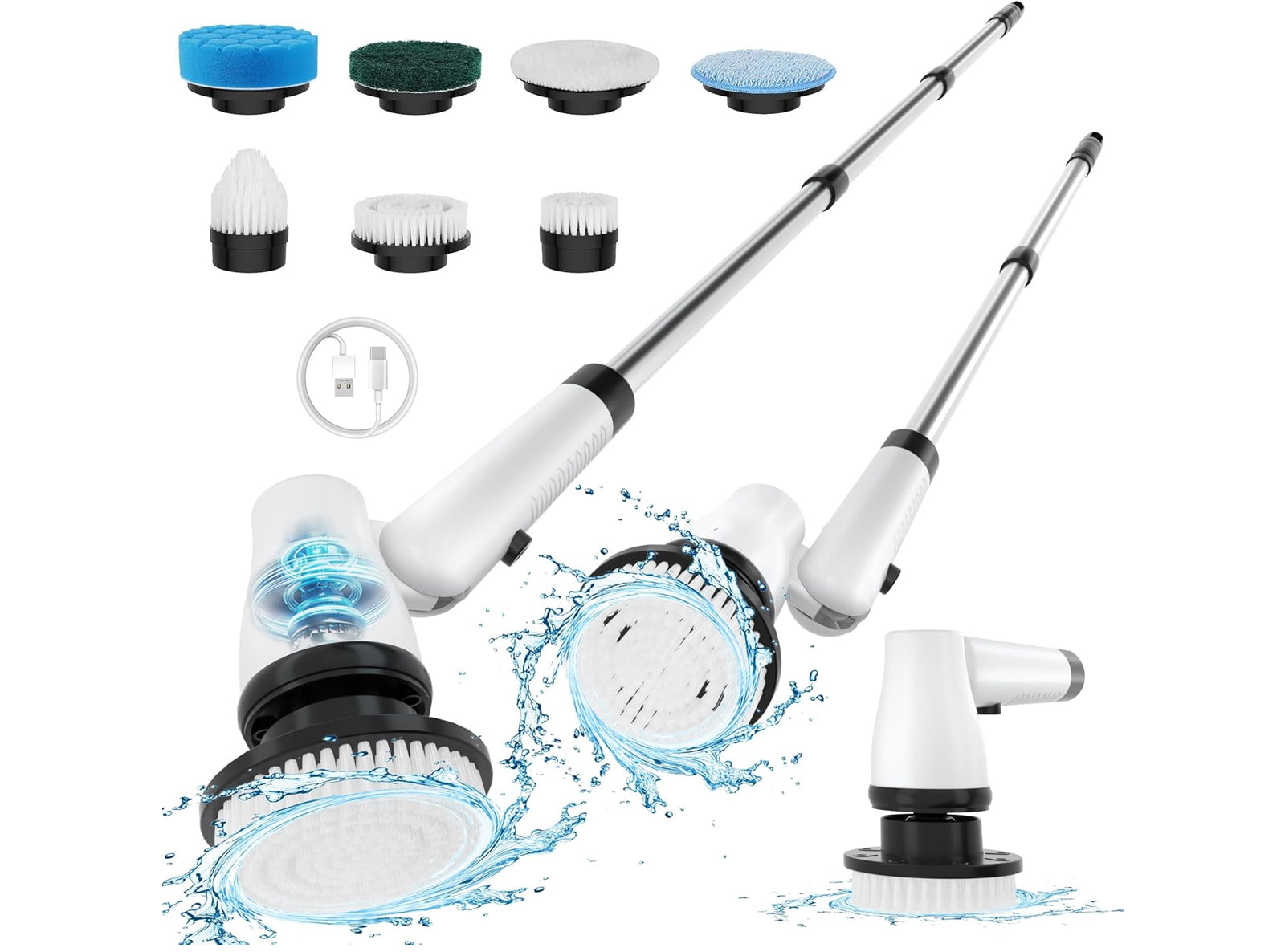 Spazzola Elettrica Rotante Senza Fili con 7 Testine Sostituibili e Manico di Prolunga Regolabile Spazzola a 2 Velocità per Bagno Vasca Piastrelle Pavimento