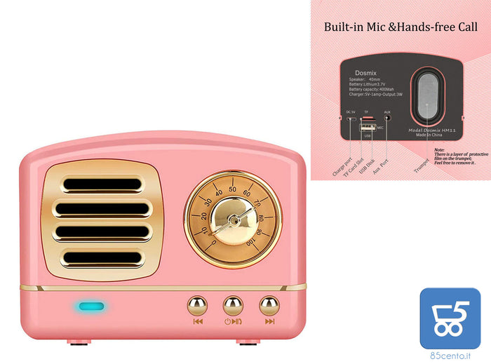 Speaker Bluetooth portatile Vintage HM11 Super Bass USB Aux MicroSD Batteria 400Mah  - ROSA