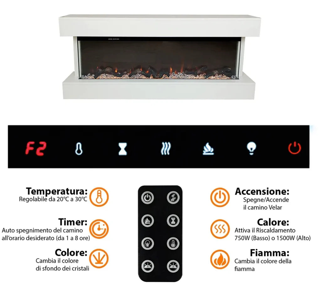 Tempo Style - Camino elettrico a parete e da incasso ALARO PLUS | Stufa ventilata da 750W/1500W a basso consumo (Bianco, 128cm)