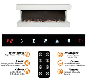 Tempo Style - Camino elettrico a parete e da incasso ALARO PLUS | Stufa ventilata da 750W/1500W a basso consumo (Bianco, 128cm)