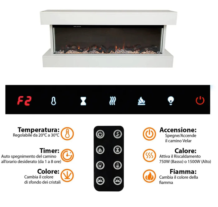 Tempo Style - Camino elettrico a parete e da incasso ALARO PLUS | Stufa ventilata da 750W/1500W a basso consumo (Bianco, 128cm)