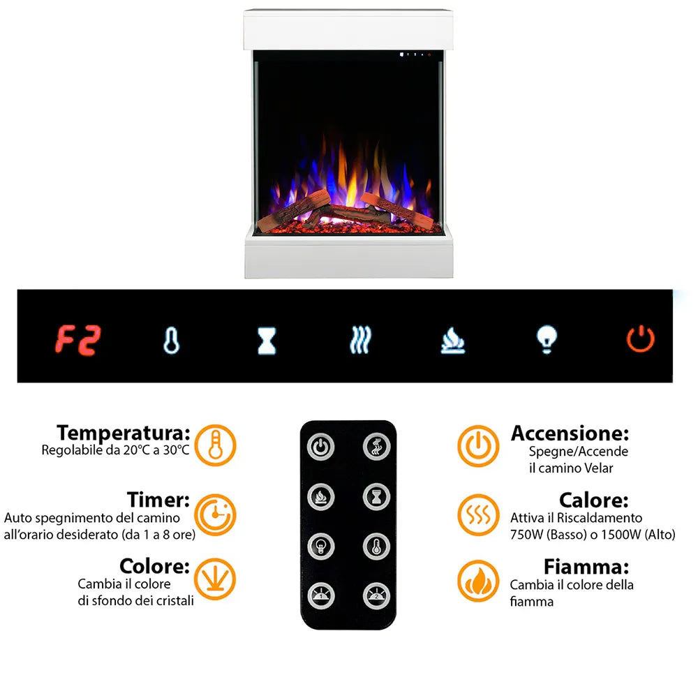 Tempo Style - Caminetto elettrico CALLIOPE Bianco con cornice in legno MDF effetto fuoco reale 750 - 1.500 W