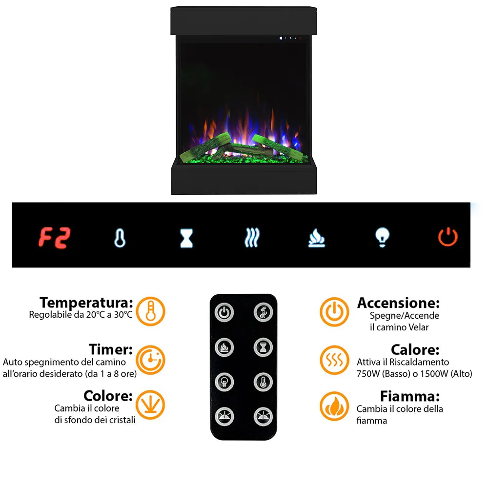 Tempo Style - Caminetto elettrico CALLIOPE Nero con cornice in legno MDF effetto fuoco reale 750 - 1.500 W