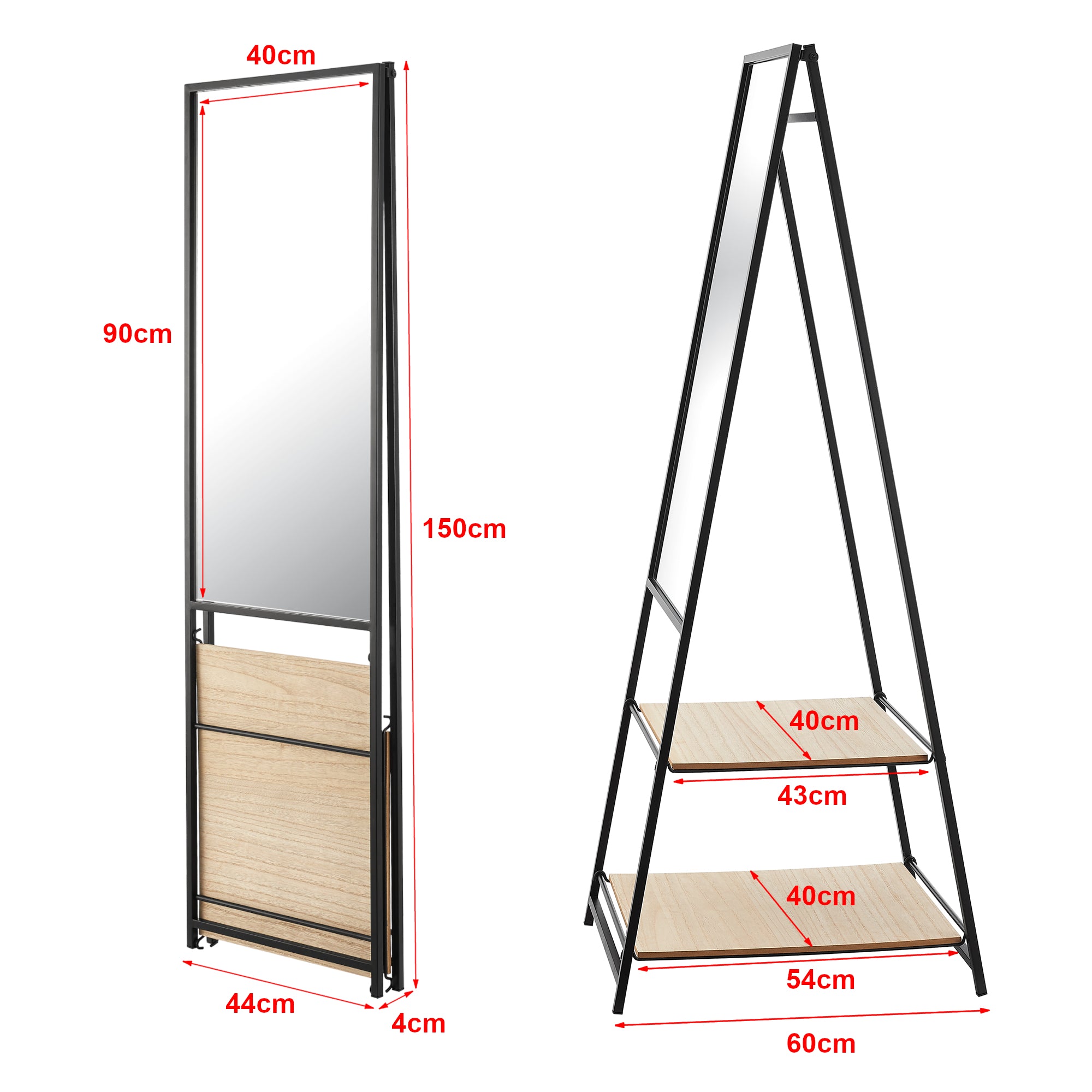 Specchio da Terra Chamois a Figura Intera con 2 Ripiani - Nero [en.casa]