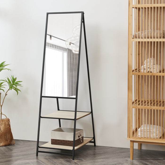 Specchio da Terra Chamois a Figura Intera con 2 Ripiani - Nero [en.casa]