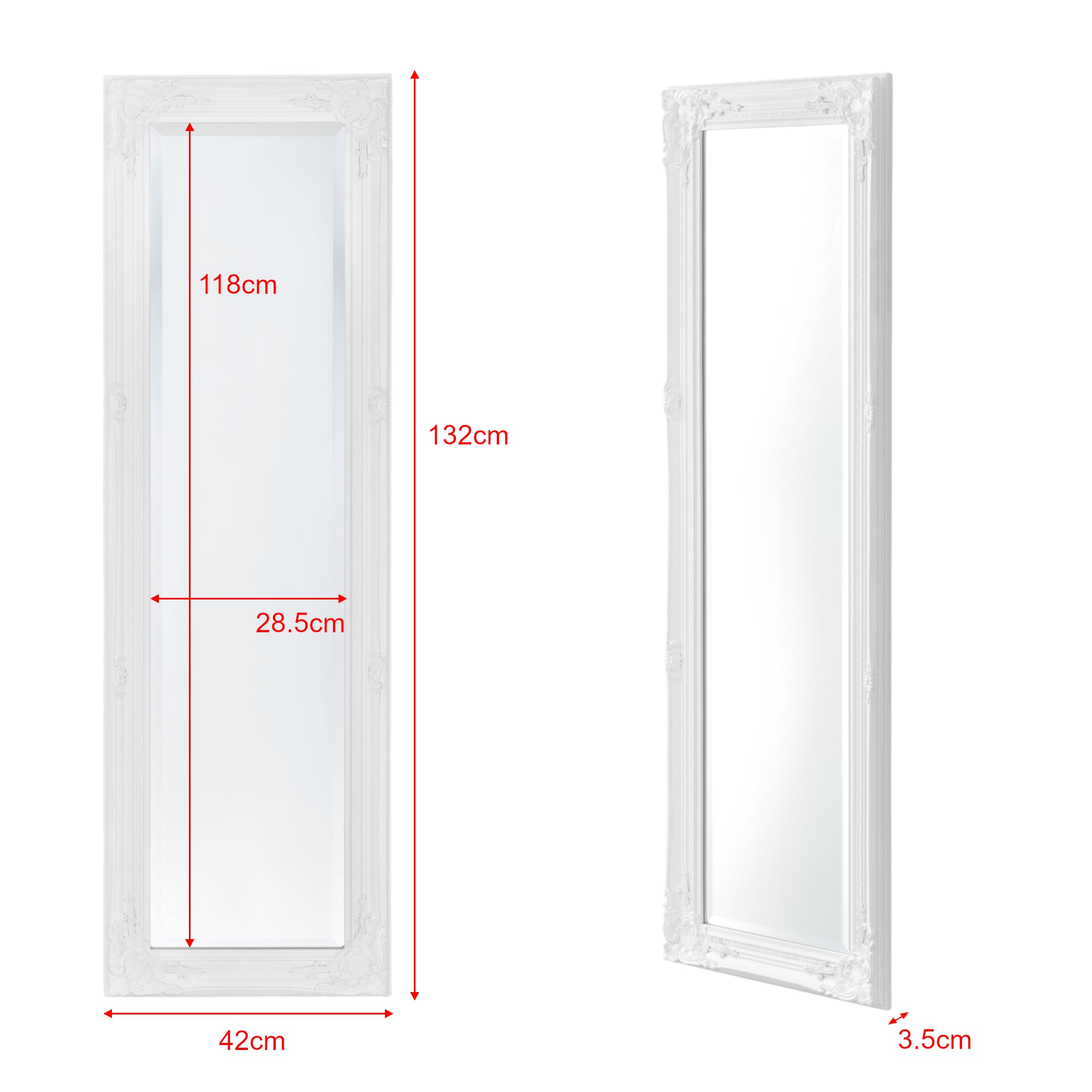 Specchio da Parete Livorno Stile Barocco Montaggio Verticale o Orizzontale 132x42 cm Bianco [en.casa]