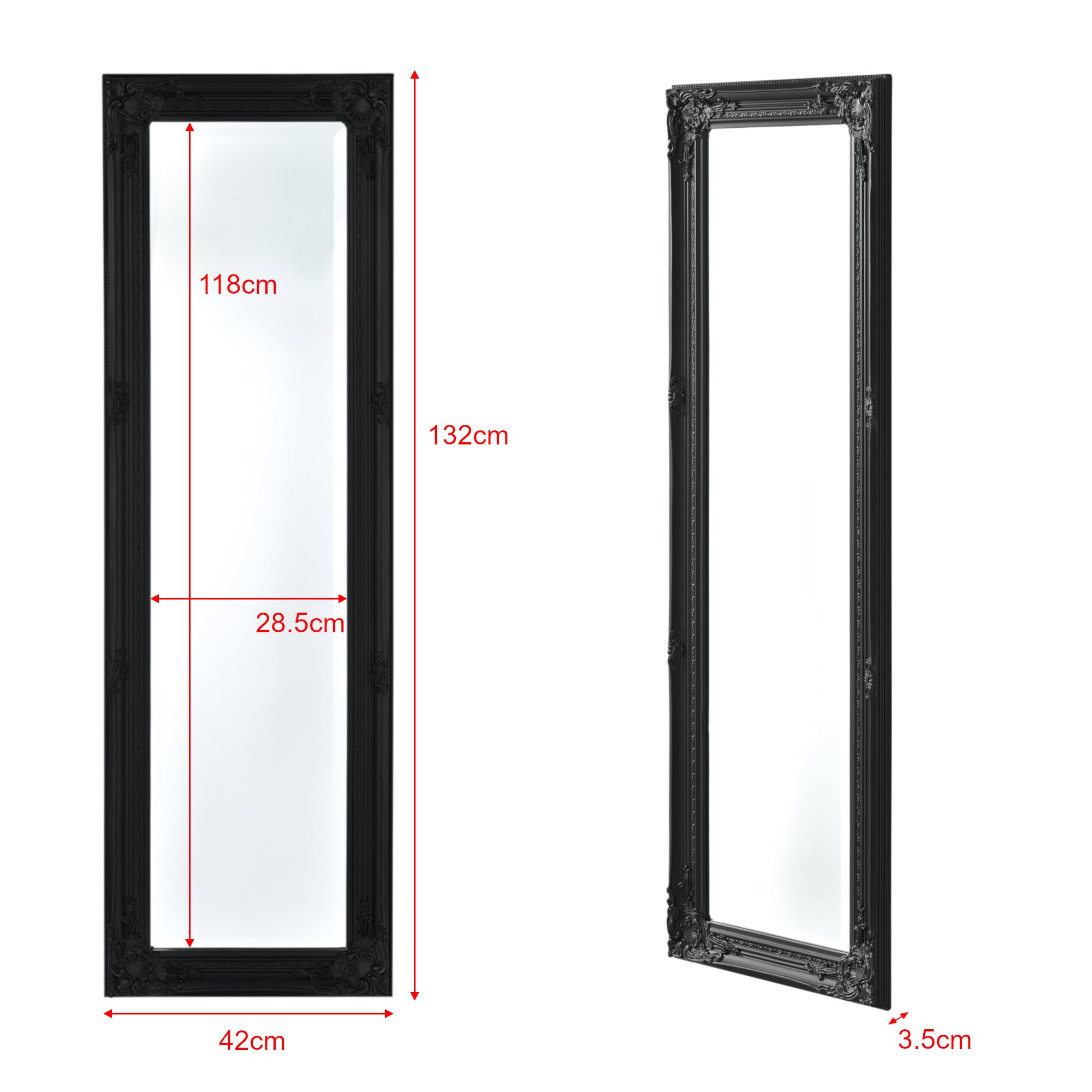 Specchio da Parete Livorno Stile Barocco Montaggio Verticale o Orizzontale 132x42 cm Nero [en.casa]