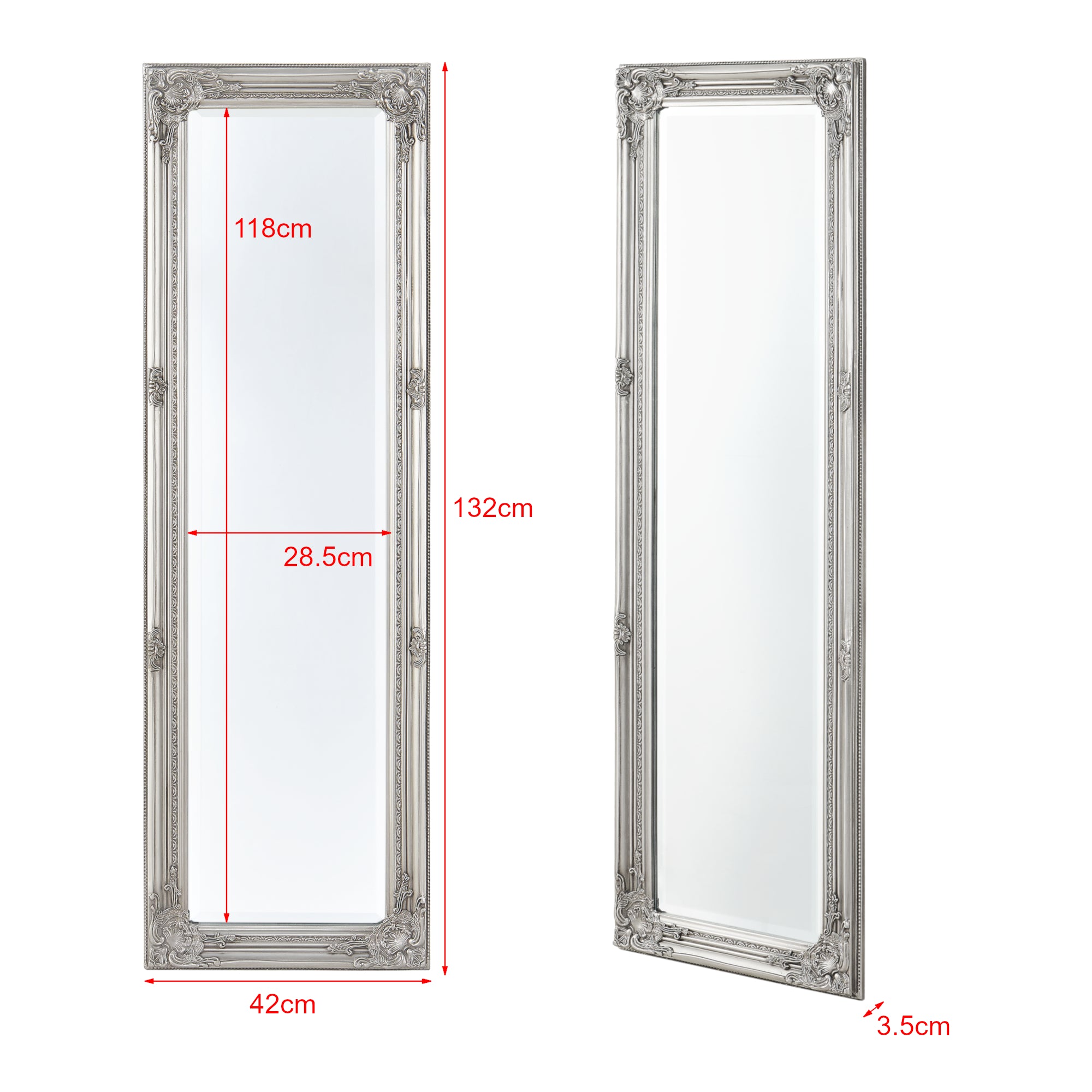 Specchio da Parete Livorno Stile Barocco Montaggio Verticale o Orizzontale 132x42 cm Argentato [en.casa]