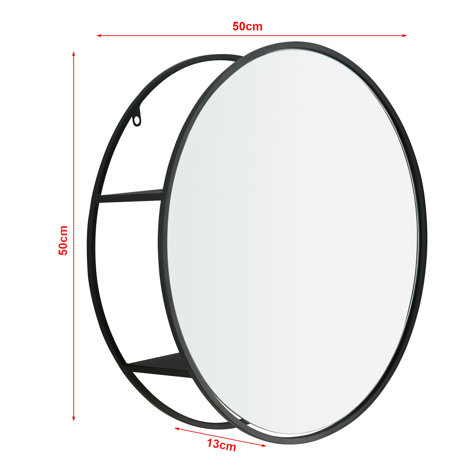 Specchio da Parete Sunne con Ripiani in Acciaio Nero 50 x 50 x 13 cm Rotondo [en.casa]