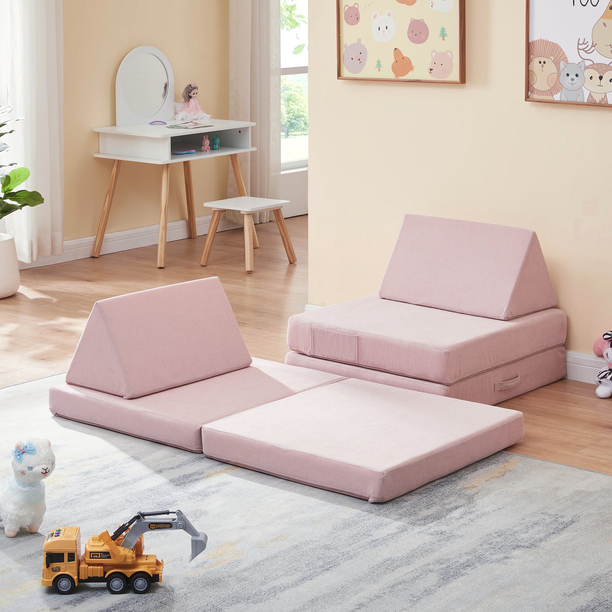Divano Componibile per Bambini Norhulta Set Modulare Imbottito 120x66x46 cm Velluto a Coste Rosa [en.casa]